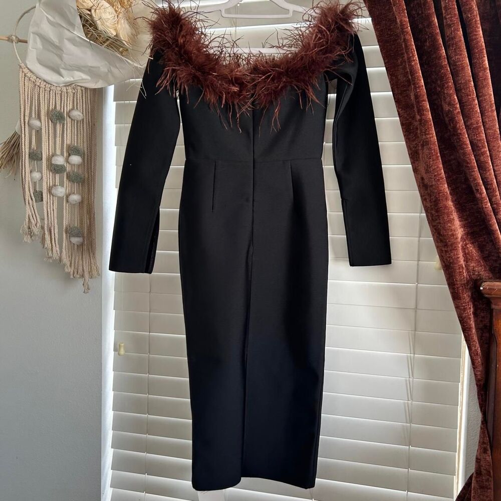 Mew Mews Black Feather Trim Maxi Dress Gown Medium Formal Cocktail Old Hollywood - Picture 4 of 8